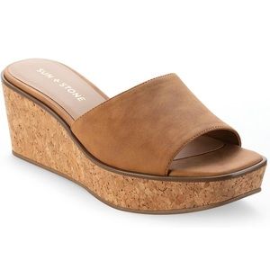 Sun + Stone Womens Charlottee Faux Leather Slip On Wedge Sandals, Beige, 7.5
